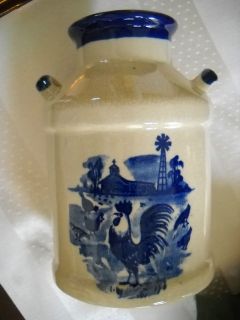 Vintage Stoneware 2 Handle Small Milk Jug Brown & Blue Rooster 
