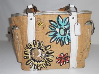 Coach 9447 Woven Straw Floral Daisy & Bee With Crystal Tote Handbag 