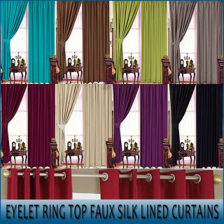   Silk Fully Lined Ready Made Ring Top Curtain with Tie Backs 10 Colours