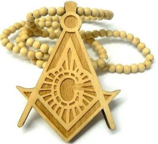 Quality Mason Symbol Wood Wooden Pendant Beaded Necklace Hip Hop 