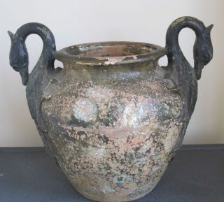 STUNNING & RARE ANTIQUE FRENCH TERRACOTTA CONFIT POT WITH SWAN HANDLES