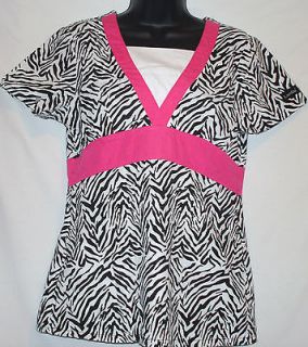 Landau Black & White Zebra Print Pink Trim Scrub Top Size XS