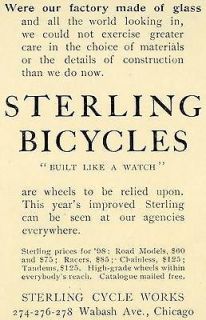 1898 Ad Sterling Cycles Bicycles Road Racer Tandem Chainless Transport 
