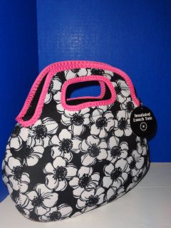 Insulated Soft Lunch Bag Box Tote $54 Neoprene Pink Black White Floral 