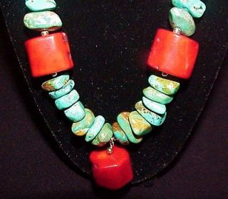 Huge Chunky Bold Sterling Silver, Turquoise & Coral Necklace Heavy 