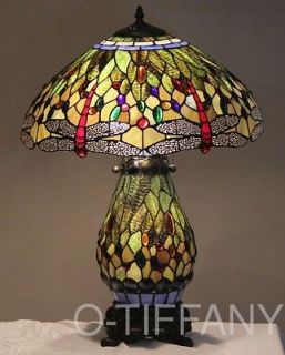 Tiffany Style Stained Glass Lamp Green Dragonfly w/ Lit Base 