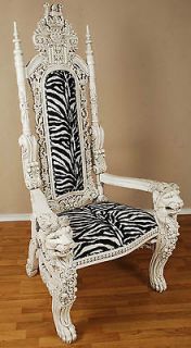 Carved Mahogany King Lion Gothic Throne Chair   White Finish with 