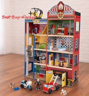  Fire House Police Station Deluxe Wooden Kids Rescue Toy Truck Play Set