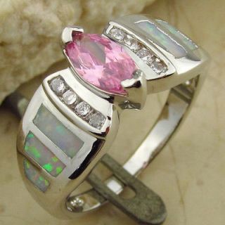 Pink Topaz 、Fire & Ice Opal(White Opal) Silver Gemstone Ring US Sz 