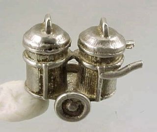VINTAGE MOVABLE STERLING SILVER PAIR OF LARGE TRASH CANS ON CART CHARM