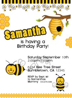 BUMBLE BEE YELLOW BIRTHDAY INVITATIONS 5x7 or 4x6 **DIY at home or 