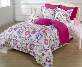   Super Soft Multi Colored Peace Sign White Comforter Set Twin / Twin XL
