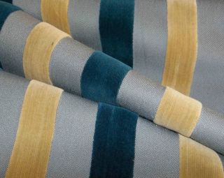   End Designer Velvet Stripe Blue & Tan Upholstery Fabric By Summer Hill