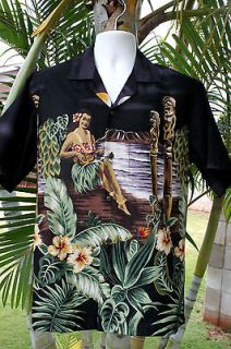 Wahine Playing Ukulele Sunset Men Black Hawaiian Aloha Shirt ~ MADE IN 
