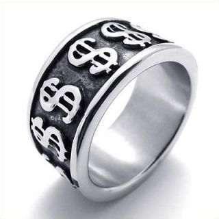   Black Silver Dollar Symbol Stainless Steel Band Mens Ring W19851