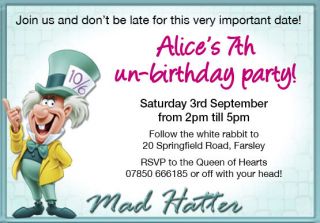 MAD HATTER Tea Party Personalised Invitations x 12