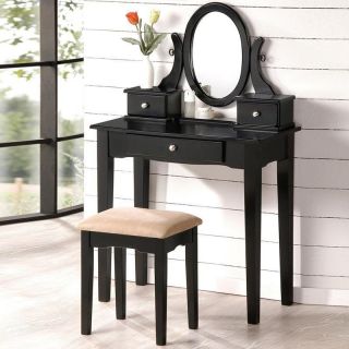   Oval Mirror Black Wood Vanity Set Make Up Table with 3 Drawers Bench