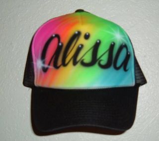 Airbrush Personalized Hat Trucker Script Style Name Rainbow Background