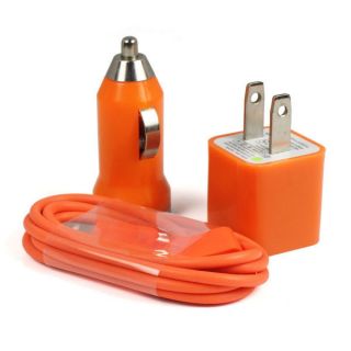 Orange Car Charger+USB Data Cable +US Charger For iPod iPhone 4 4G 4S 