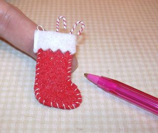 Miniature Glittered Christmas Stocking Red/White Cuff DOLLHOUSE 