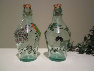 Green Glass Hand Painted Olive Oil & Vinegar Cruet Bottle Jar