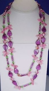 Vintage Art Glass Pink Purple Bead Necklace Earring Demi Parure Signed 