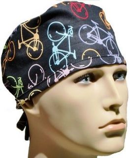BICYCLES ON BLACK CLASSIC MENS SURGICAL SCRUB HAT CAP W/ BUILT IN 
