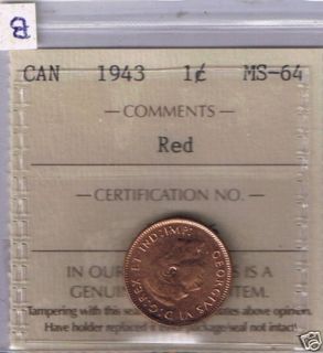 1943**MINT STATE ICCS GRADED ONE CENT **MS 64**