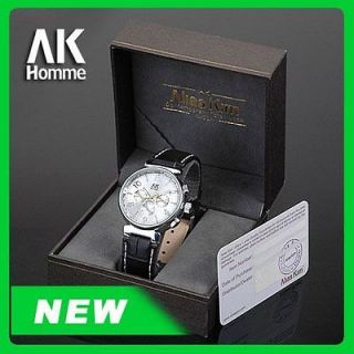 AK Homme Tag Black Leather Band Silver Automatic Mechanical Mens Wrist 