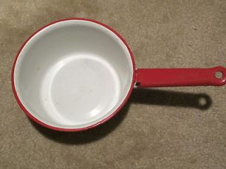 Vintage Enamelware White and Red Sauce Pan with Short Handle