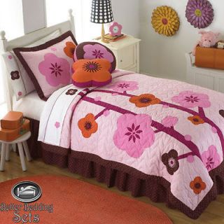 Girl Children Kid Pink Brown Flower Quilt Teen Bedding Set Twin Full 