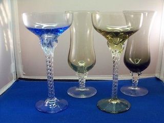   CRYSTAL WINE GLASS & TUMBLERS TWISTED PETAL STEM BLUE GREEN SET 4