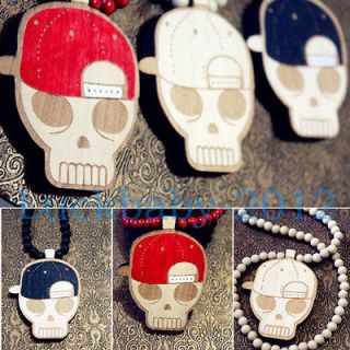   Good Quality Snapback Skull Pendant Wood Rosary Beads Chain Necklace