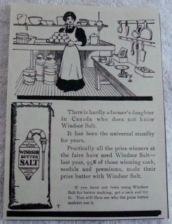 1909 WINDSOR ONT BUTTER SALT CANADA AD OLD FASHION KITCHEN APRON FOOD 