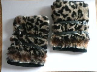   new womens leopard Faux Fur Suede leather Fingerless fur lined Gloves