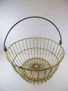 Vintage Primitive Wire Egg Gathering Basket Yellow Farm Kitchen Shabby