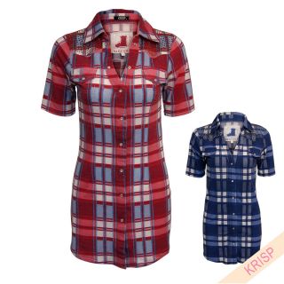 Womens Checked Studded Shirt Dress Embellished Long Top Casual Cowboy 