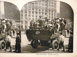 EARLY AUTOMOBILE STEREOPTICON CARD    SIGHTSEEING IN NEW YORK CITY