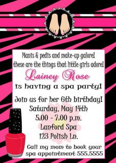 Glamour Zebra Make Up Spa Party Birthday Invitation