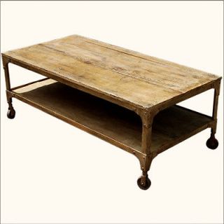   Tier Old Reclaimed Wood & Wrought Iron Rolling Wheels Coffee Table