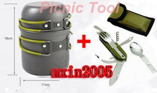   Cookware Cook Pot/Bowl/Lid W Picnic cutlery Fork Spoon Set Knife