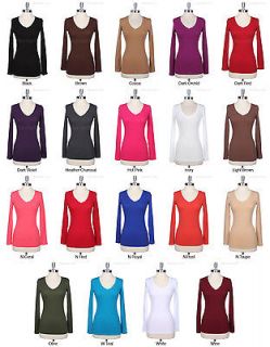 Cotton V Neck Long Sleeve Tee Shirt Top Basic Casual Solid Plain 