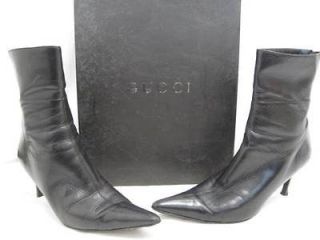 Gucci Black Pebbled Leather Pointed Toe Mid Calf Heel Boots 8.5 B