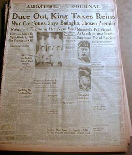 1943 WW II headline newspaper ITALY OVERTHROWS Facist dictator BENITO 