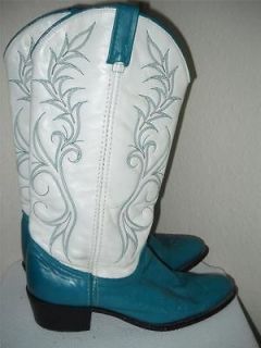 ACME WOMENS LEATHER WHITE TEAL STITCHED COWBOY BOOTS 8.5M