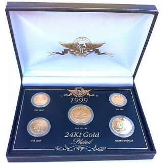 1999 24kt Gold Plated US Coin Set Original Box with 5 Gold Plated 