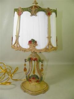 Antique Art Deco Metal Spelter Table Boudoir Lamp Hand Painted Floral 