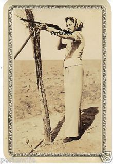 Vintage Sepia Photograph Snapshot Woman Shooting Rifle Hunting Target 