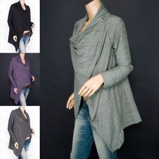 Trendy Asymmetric Hem Draped Neck Long Sleeves Wrap Shirt Blouse S/M 