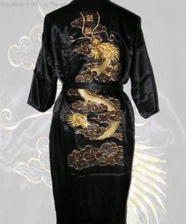 Blacks Silk Satin embroider Mens dragon Kimono Robe Gown pajamas 